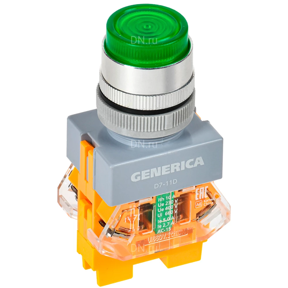 Кнопка управления GENERICA D7-11D высокая, диаметр отверстия - 22мм, 1НЗ+1НО, с подсветкой, цвет - зеленый BBT50-11D-3-12-K06-G