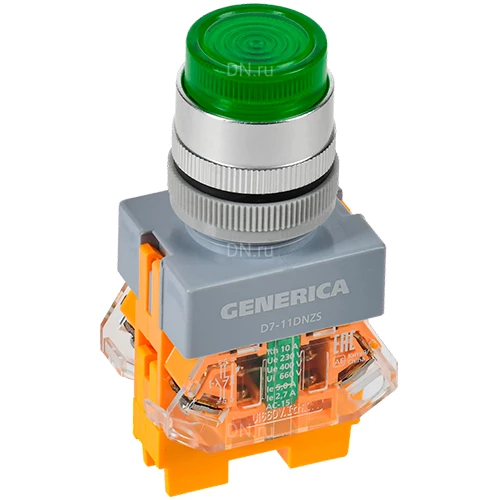 Кнопки управления GENERICA D7-11DNZS высокие, диаметр отверстия - 22мм, 1НЗ+1НО, с подсветкой и фиксацией