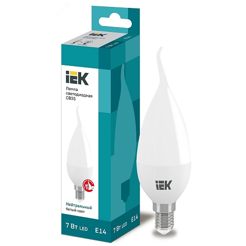 Лампы светодиодные IEK LLE-CB35 7  Вт, цоколь - E14, световой поток - 630 Лм, цветовая температура - 4000 К, цвет свечения - белый, форма - свеча на ветру
