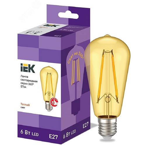 Лампы светодиодные IEK LLF-ST64 6 Вт, 230 В, цоколь - E27, световой поток - 720-960 Лм, цветовая температура - 2700 К, форма - эллипсоидная