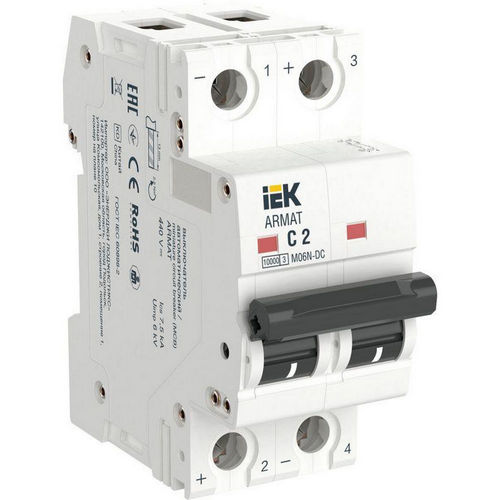 Автоматические выключатели двухполюсные IEK ARMAT M06N-DC 2P (C), сила тока 2 A, тип расцепителя C, отключающая способность 10 кА