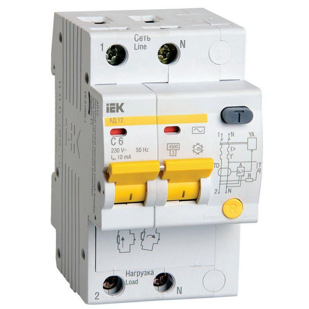 Автоматический выключатель дифференциального тока двухполюсный IEK АД-12 (C) 6А АС10, ток утечки 10 мА, переменный, сила тока 6 А