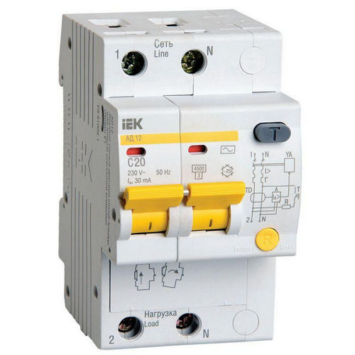 Автоматические выключатели дифференциального тока двухполюсные IEK АД-12 (C), ток утечки 10-100 мА, сила тока 6-63 А