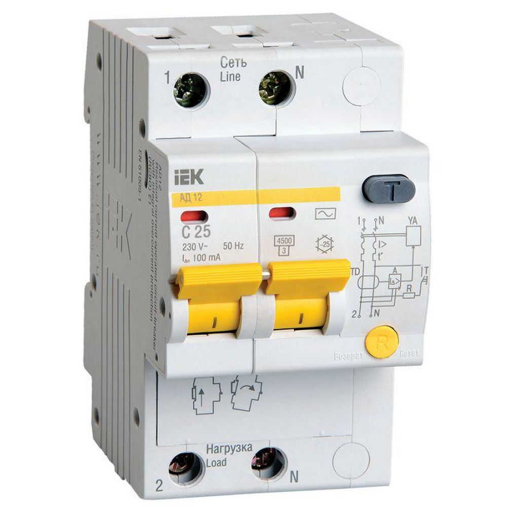 Автоматический выключатель дифференциального тока двухполюсный IEK АД-12 (C) 25А АС100, ток утечки 100 мА, переменный, сила тока 25 А