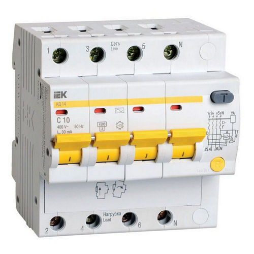 Автоматические выключатели дифференциального тока четырехполюсные IEK АД-14, ток утечки 30-300 мА, сила тока 10-63 А