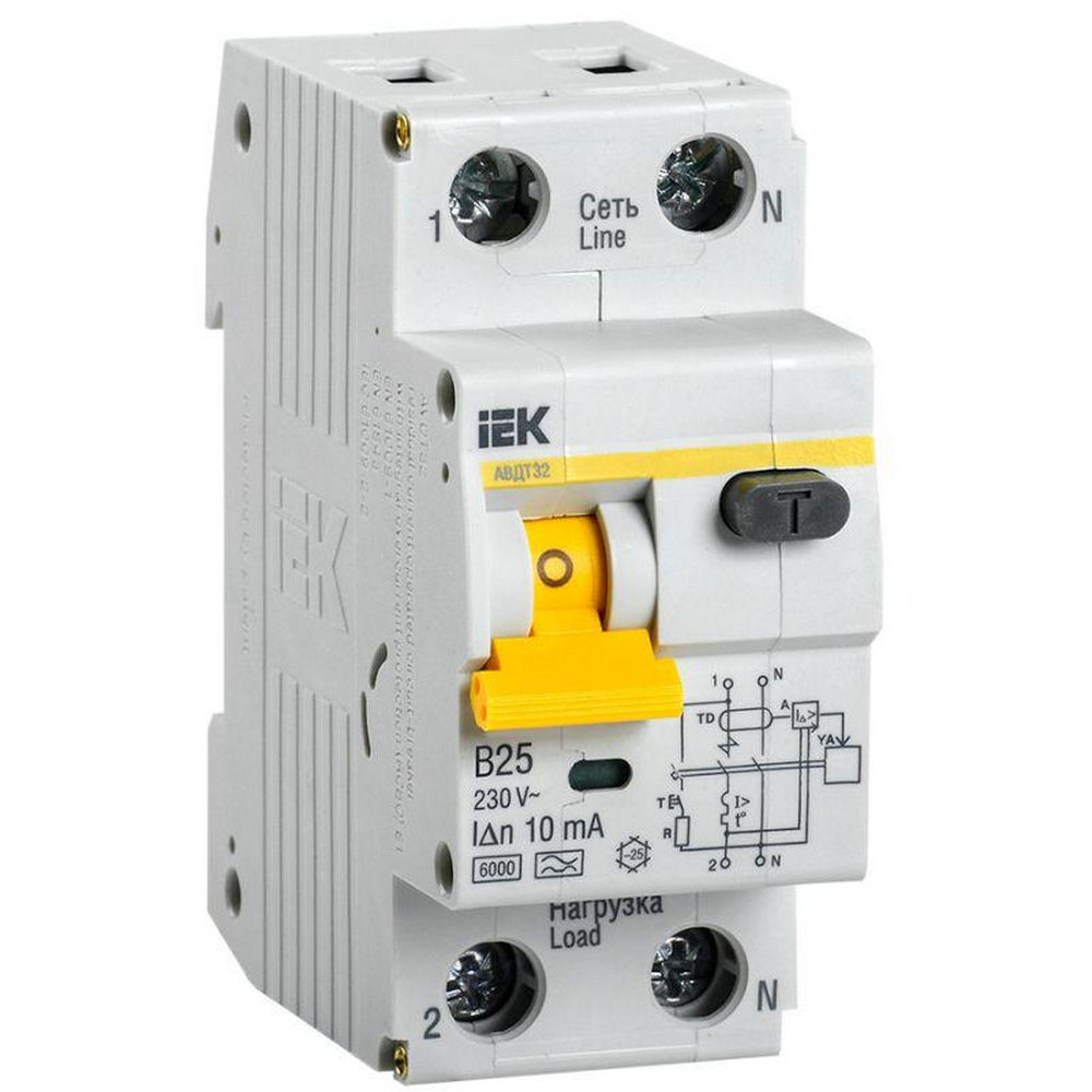 Автоматический выключатель дифференциального тока двухполюсный IEK АВДТ-32 (B) 25А A10, ток утечки 10 мА, переменный, сила тока 25 А