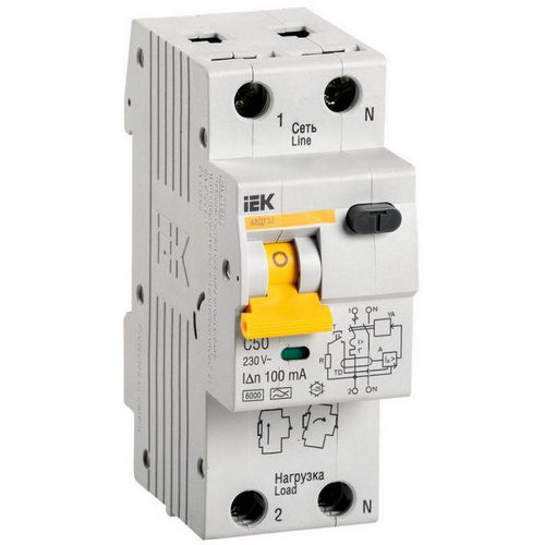 Автоматические выключатели дифференциального тока двухполюсные IEK АВДТ-32 (C), ток утечки 100 мА, сила тока 50-63 А