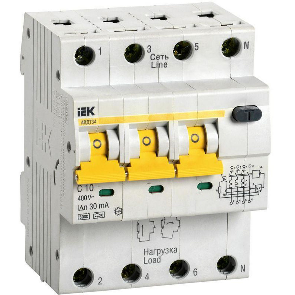 Автоматический выключатель дифференциального тока четырехполюсный IEK АВДТ-34 C10 A30, ток утечки 30 мА, переменный, сила тока 10 А