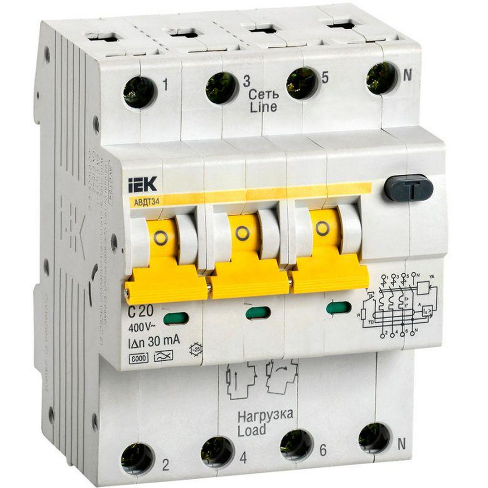 Автоматический выключатель дифференциального тока четырехполюсный IEK АВДТ-34 C20 A30, ток утечки 30 мА, переменный, сила тока 20 А