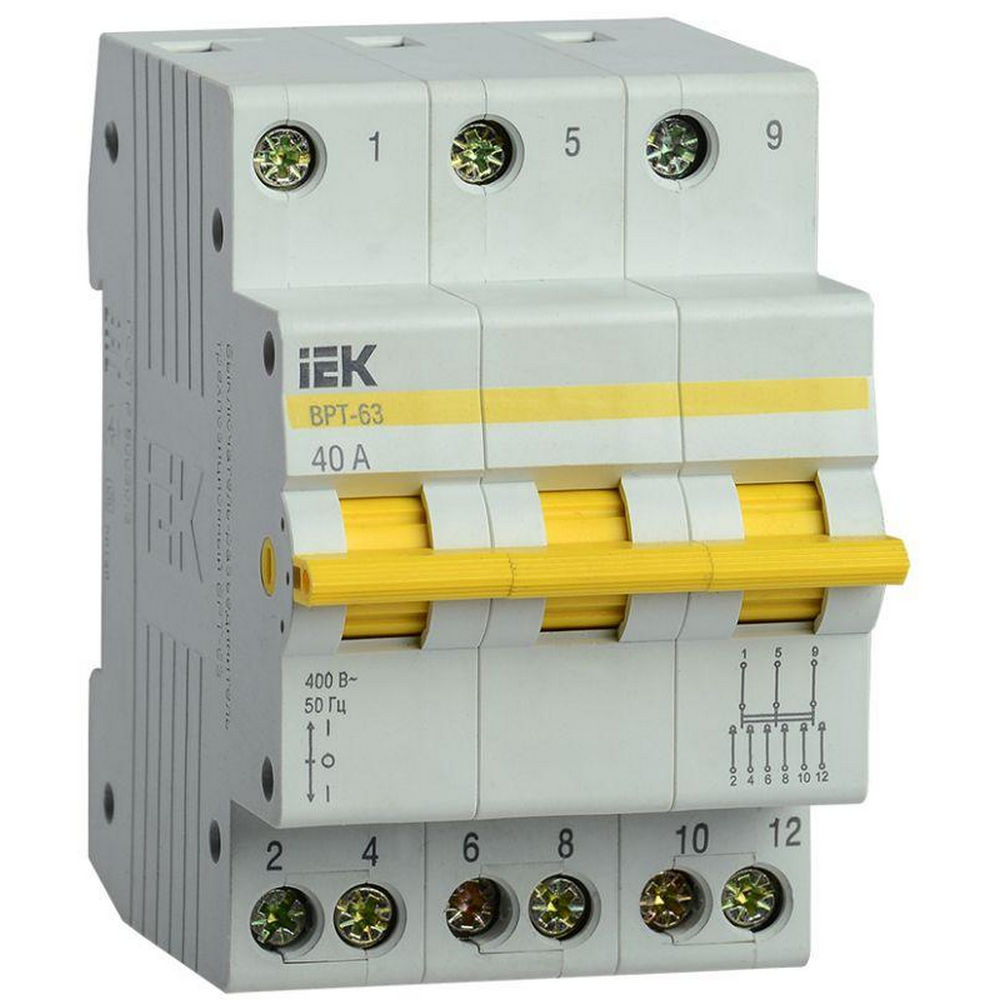 Выключатель-разъединитель IEK ВРТ-63 3P 40 А трехпозиционный, трехполюсный, напряжение 400 В