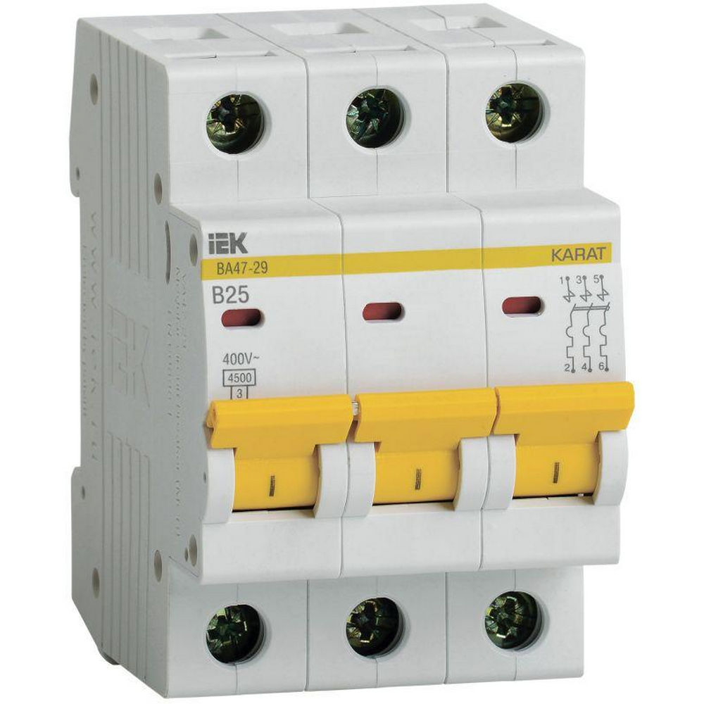Автоматический выключатель трехполюсный IEK KARAT ВА47-29 3P (B) 25А 4.5кА, сила тока 25 A, тип расцепителя B, отключающая способность 4.5 кА