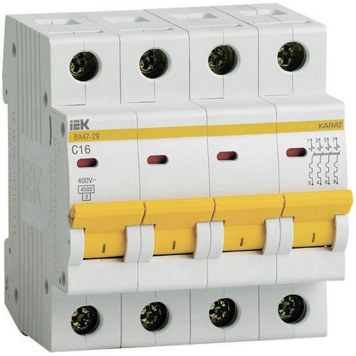 Автоматические выключатели четырехполюсные IEK KARAT ВА47-29 4P (C), сила тока 16-63 A, тип расцепителя C, отключающая способность 4.5 кА