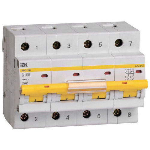 Автоматические выключатели четырехполюсные IEK KARAT ВА47-100 4P (C), сила тока 80-100 A, тип расцепителя C, отключающая способность 10 кА