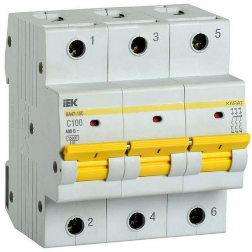 Автоматические выключатели трехполюсные IEK KARAT ВА47-150 3P (C), сила тока 100-125 A, тип расцепителя C, отключающая способность 15 кА