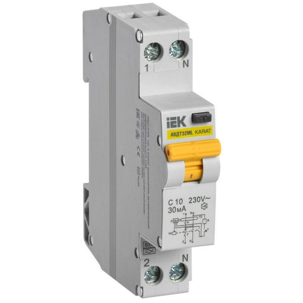 Автоматический выключатель дифференциального тока двухполюсный IEK KARAT АВДТ32ML C10 A30, ток утечки 30 мА, переменный, сила тока 10 А