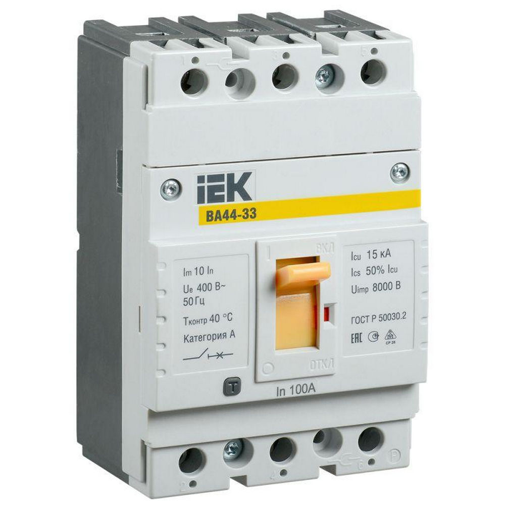 Автоматический выключатель трехполюсный IEK ВА44 100А 15кА, сила тока 100 A, отключающая способность 15 кА