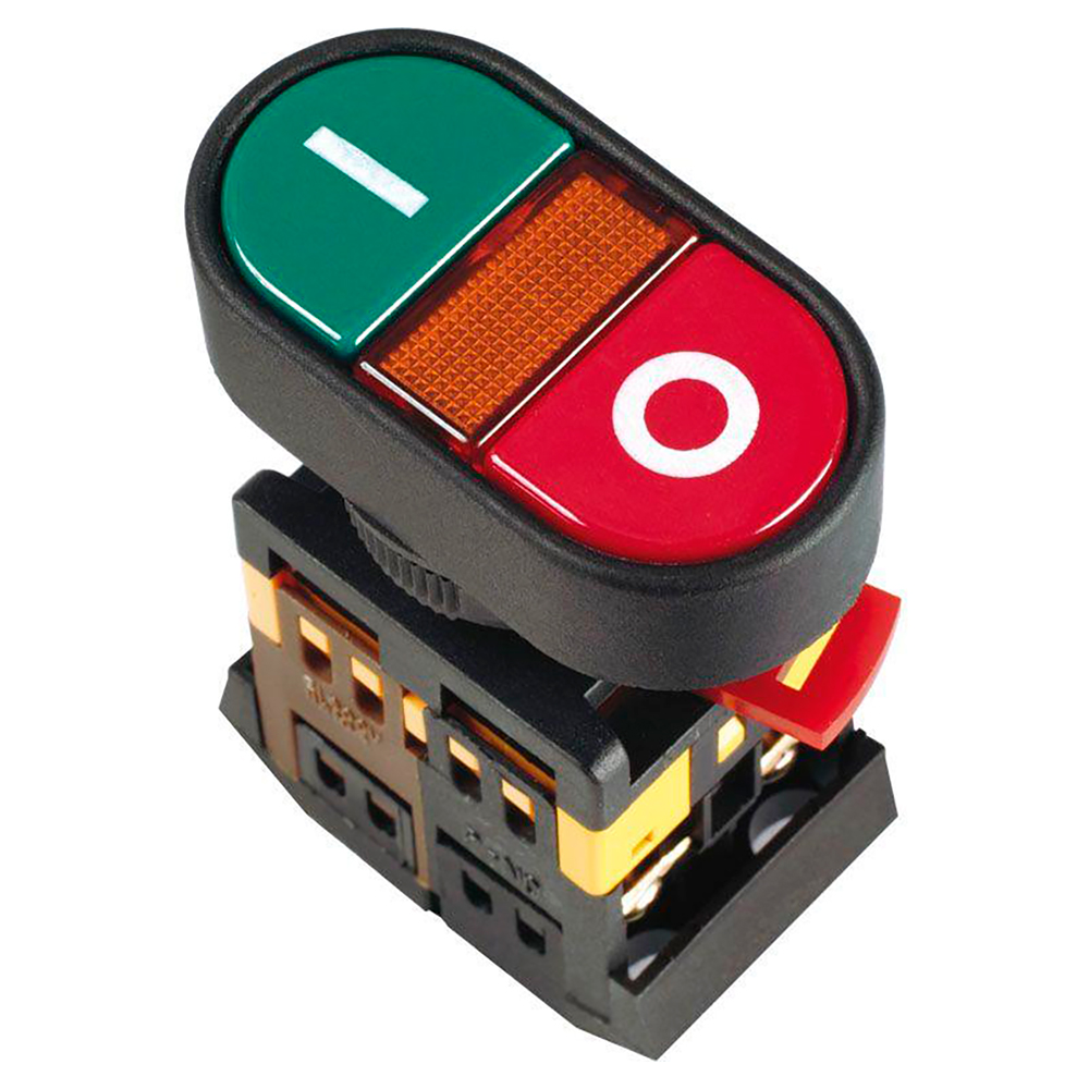 Кнопка IEK APBB-22N ″I-O″ комбинированная, контакты 1НЗ+1НО, неоновая лампа 230В, IP40, цвет – красный/зеленый