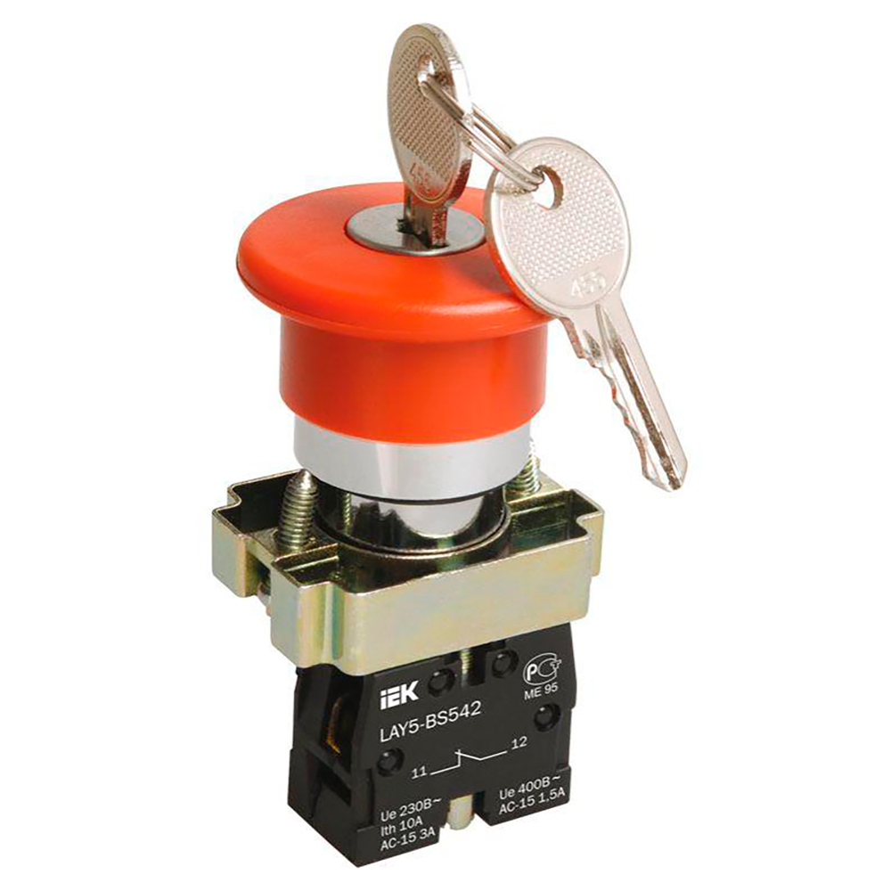 Кнопка IEK LAY5-BS142 нажимная аварийная грибовидная, с фиксацией и замком, возврат поворотом ключа, контакт 1НЗ, IP40, цвет – красный