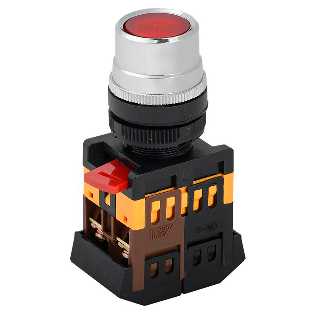 Кнопка IEK ABLF-22 нажимная плоская, контакты 1НЗ+1НО, неоновая лампа 230В, IP40, цвет – красный