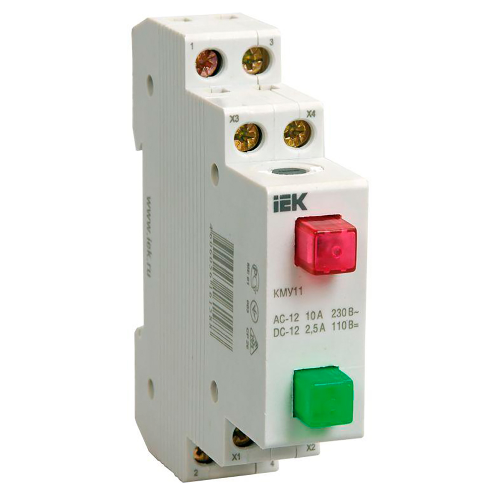 Кнопка IEK КМУ11 модульная, контакты 1НЗ+1НО, неоновая лампа 230В, IP20, цвет – красный/зеленый