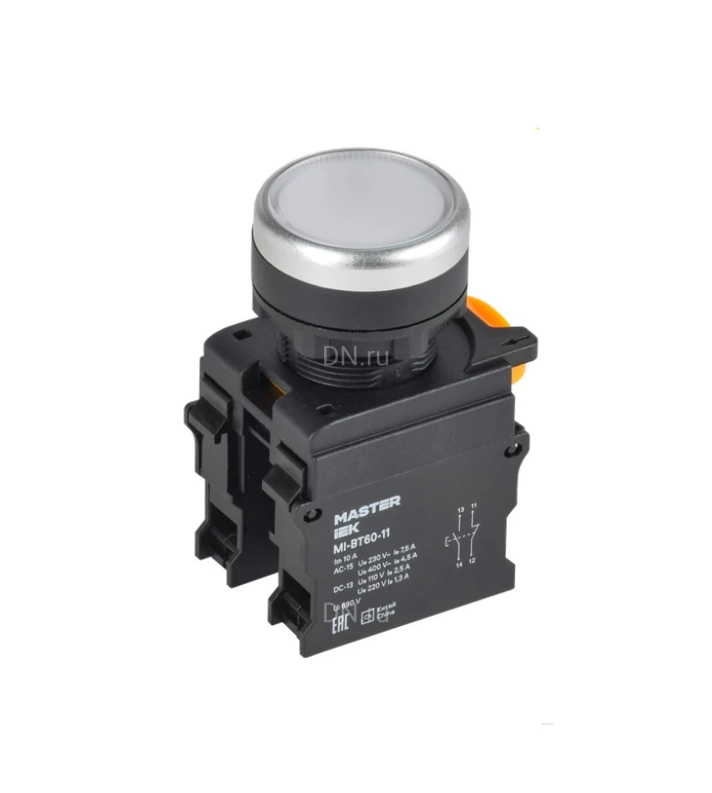 Кнопка IEK MASTER MI-BT60-11TD-3-11-K01 Ду22 1NO+1NC с подсветкой и фиксацией, тип кнопки - плоская, белая, степень защиты IP65
