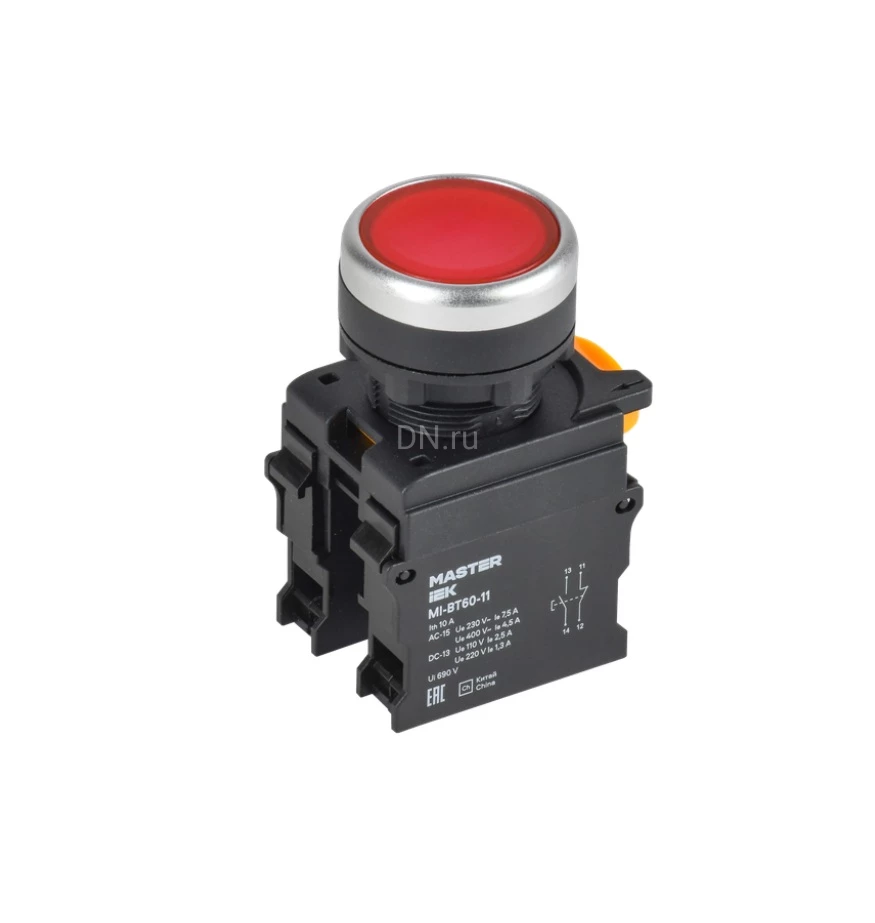 Кнопка IEK MASTER MI-BT60-11TD-3-11-K04 Ду22 1NO+1NC с подсветкой и фиксацией, тип кнопки - плоская, красная, степень защиты IP65