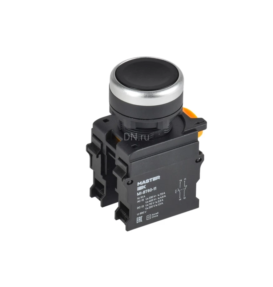 Кнопка IEK MASTER MI-BT60-11T-3-21-K02 Ду22 1NO+1NC с фиксацией, тип кнопки - плоская, черная, степень защиты IP65