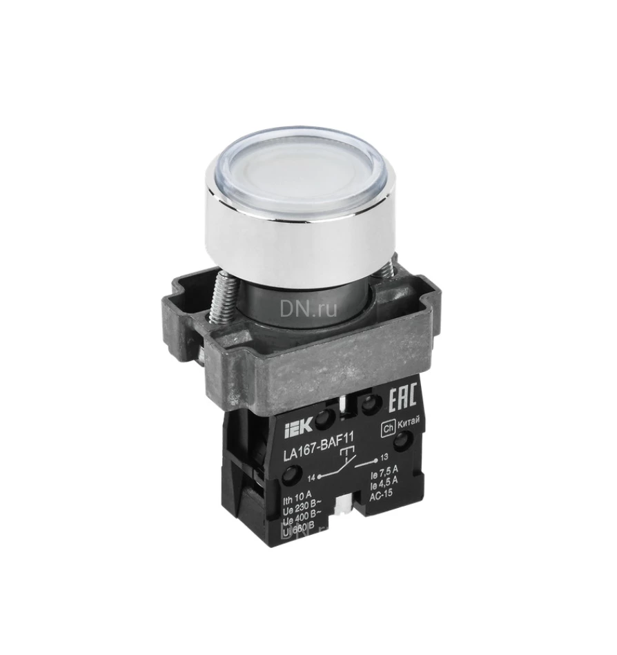 Кнопка управления IEK LA167-BAF11 1NO Ду22, тип кнопки - плоская, белая, напряжение - 660В, степень защиты IP65