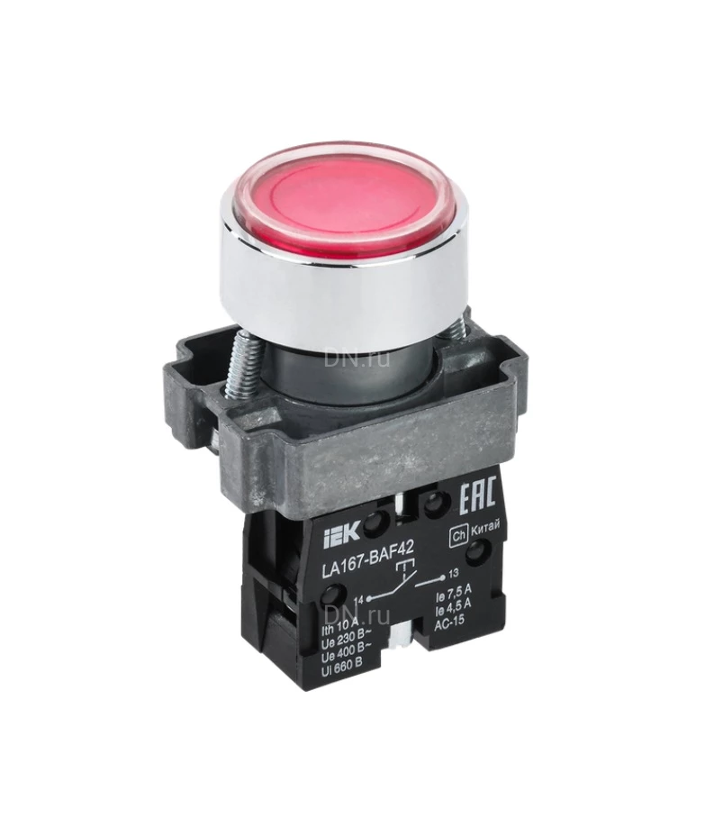 Кнопка управления IEK LA167-BAF45 1NO+1NC Ду22, тип кнопки - плоская, красная, напряжение - 660В, степень защиты IP65