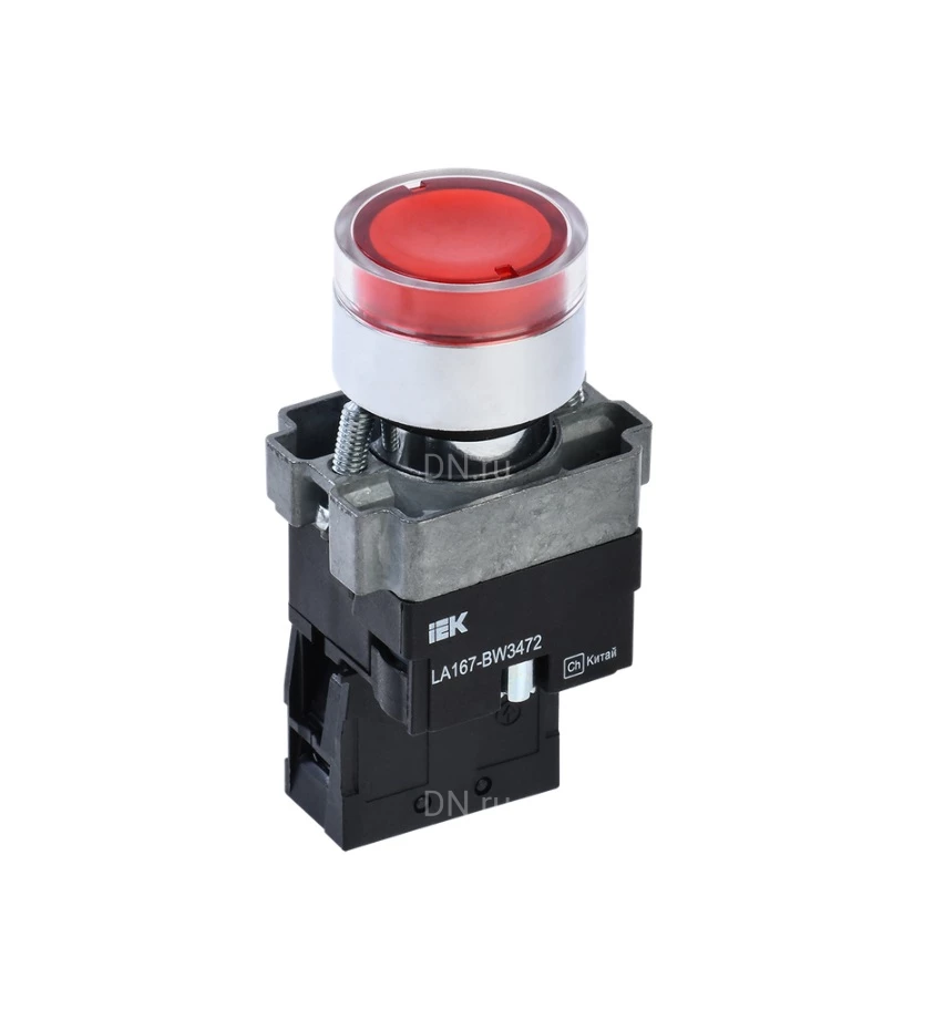 Кнопка управления IEK LA167-BWF3472 RC 1NO Ду22 с подсветкой, тип кнопки - плоская, красная, напряжение - 660В, степень защиты IP65