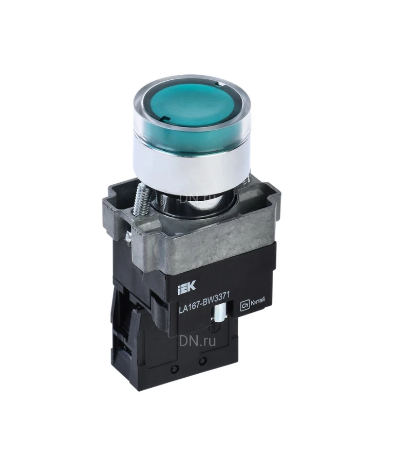 Кнопка управления IEK LA167-BWF3371 RC 1NO Ду22 с подсветкой, тип кнопки - плоская, зеленая, напряжение - 660В, степень защиты IP65