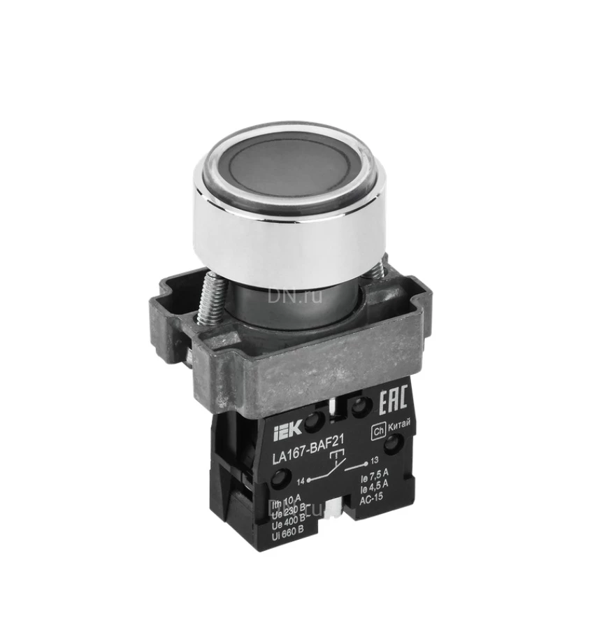 Кнопка управления IEK LA167-BAF22 1NC Ду22, тип кнопки - плоская, черная, напряжение - 660В, степень защиты IP65