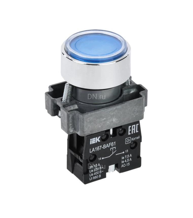 Кнопка управления IEK LA167-BAF61 1NO Ду22, тип кнопки - плоская, синяя, напряжение - 660В, степень защиты IP65