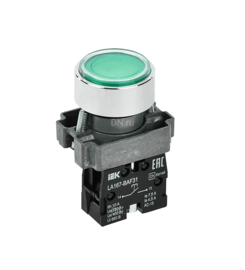 Кнопка управления IEK LA167-BAF35 1NO+1NC Ду22, тип кнопки - плоская, зеленая, напряжение - 660В, степень защиты IP65