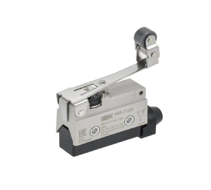 Микропереключатель концевой IEK KKV12-7144-1-64 элемент управления — укороченный рычаг с регулируемым роликом, напряжение питания 10А, степень защиты IP40