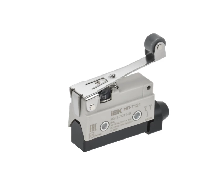 Микропереключатель концевой IEK KKV12-7141-1-64 элемент управления — укороченный рычаг с роликом, напряжение питания 10А, степень защиты IP40