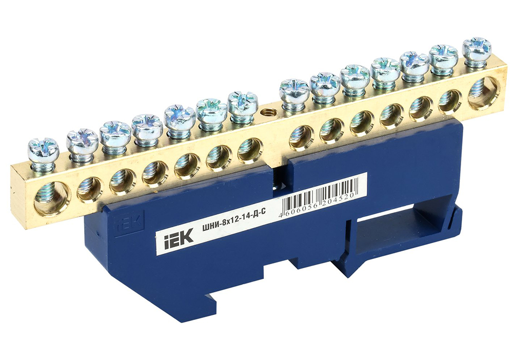 Шина нулевая изолированная IEK 8х12-14 с DIN-изолятором, 14 отверстий, синяя