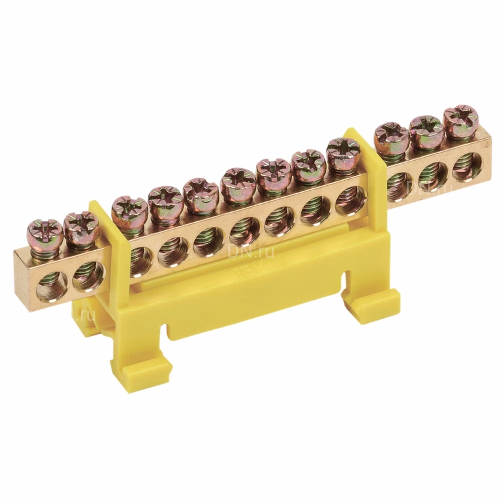 Шина IEK PE земля ШНИ-6х9-12-С-Ж исполнение изолятора - DIN-изолятор типа Стойка, количество соединений - 12, материал - латунь, цвет - желтый, YNN10-69-12P-K05