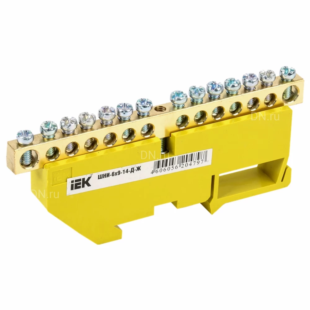 Шина IEK PE земля ШНИ-6х9-14-Д-Ж исполнение изолятора - с DIN-изолятором, количество соединений - 14, материал - латунь, цвет - желтый, YNN10-69-14D-K05