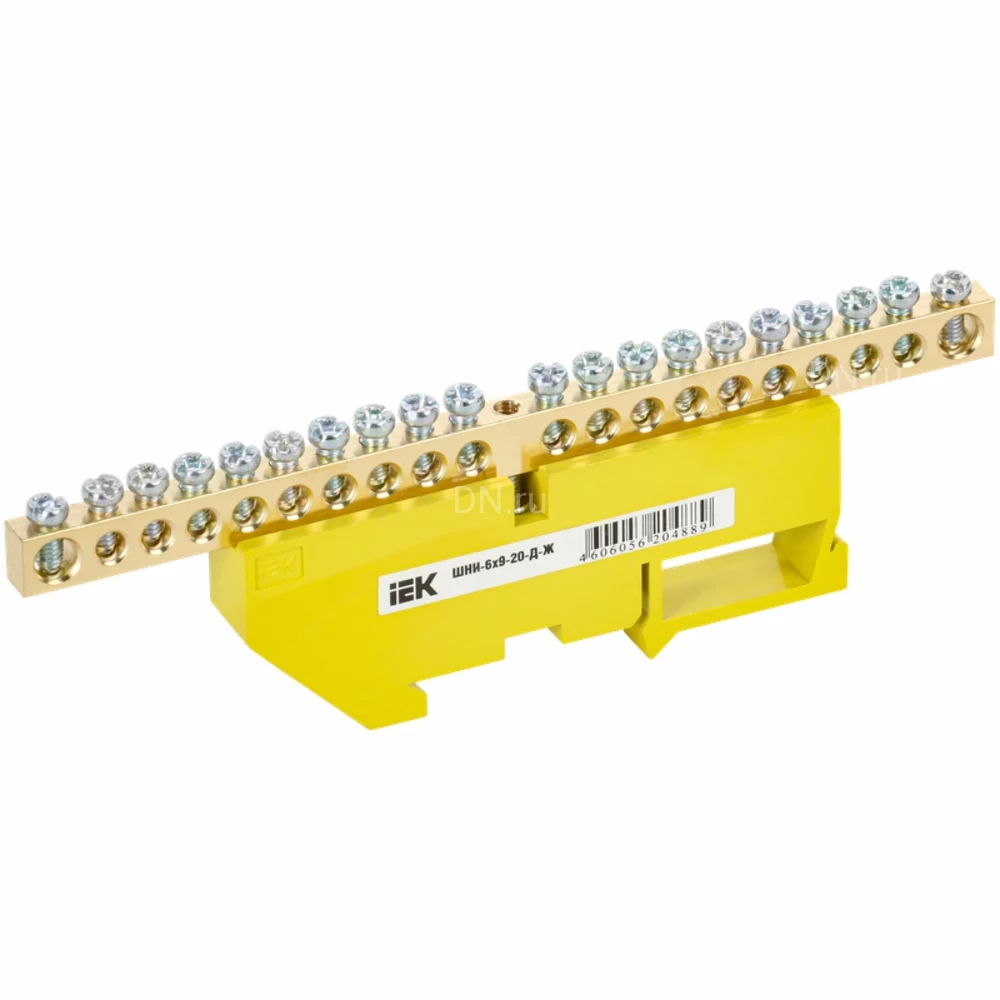 Шина IEK PE земля ШНИ-6х9-20-Д-Ж исполнение изолятора - с DIN-изолятором, количество соединений - 20, материал - латунь, цвет - желтый, YNN10-69-20D-K05