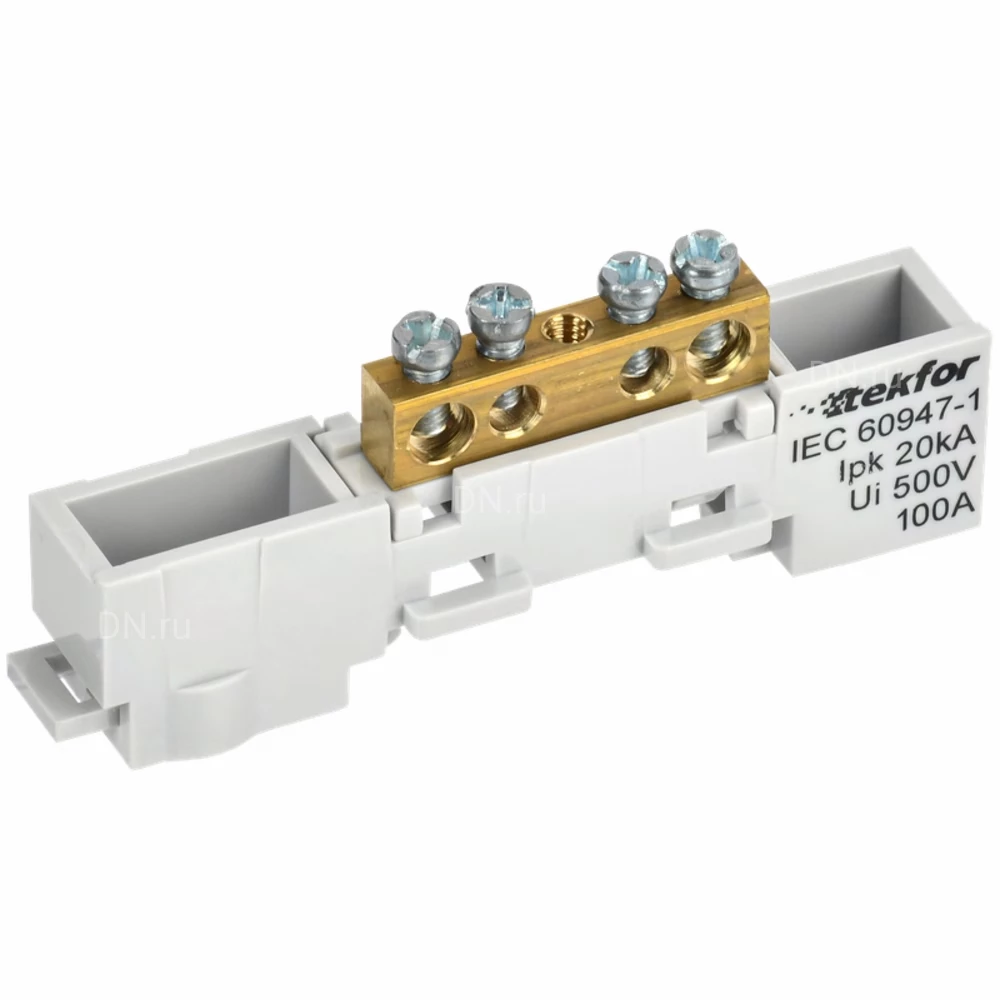 Шина IEK TEKFOR L фаза 6х9-4-Ср, исполнение - неизолированная на универсальном держателе, количество соединений - 4, материал - латунь, цвет - серый, TF-NN10-04-DL-K03