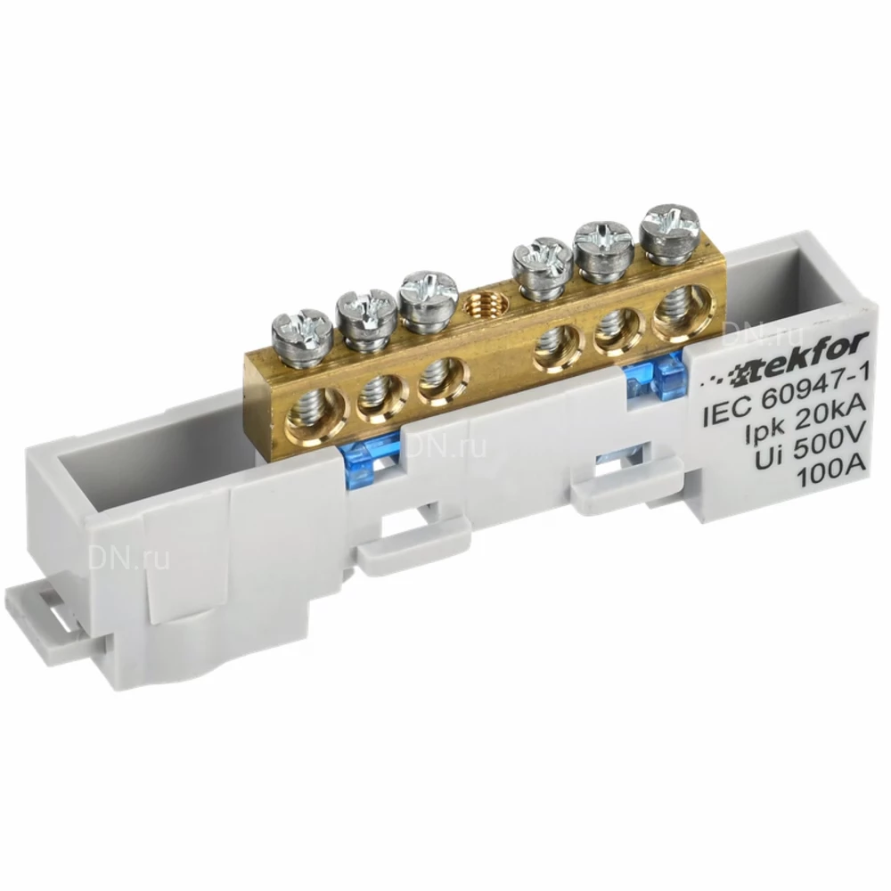 Шина IEK TEKFOR N ноль 6х9-6-С, исполнение - неизолированная на универсальном держателе, количество соединений - 6, материал - латунь, цвет - синий, TF-NN10-06-DL-K07