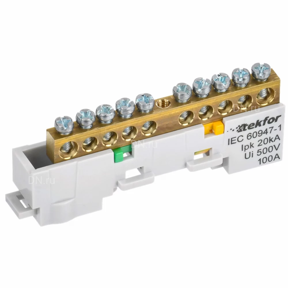 Шина IEK TEKFOR PE земля 6х9-10-Ж, исполнение - неизолированная на универсальном держателе, количество соединений - 10, материал - латунь, цвет - желтый, TF-NN10-10-DL-K05