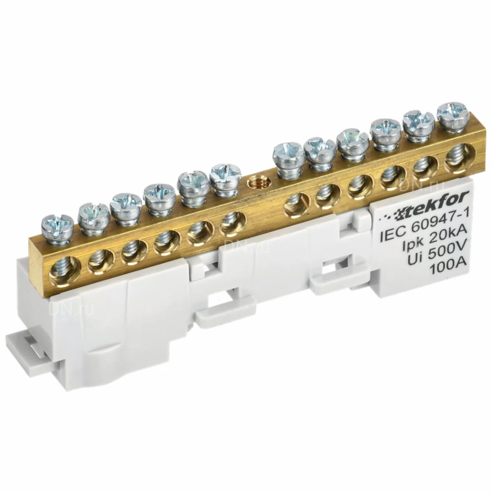 Шина IEK TEKFOR L фаза 6х9-12-Ср, исполнение - неизолированная на универсальном держателе, количество соединений - 12, материал - латунь, цвет - серый, TF-NN10-12-DL-K03