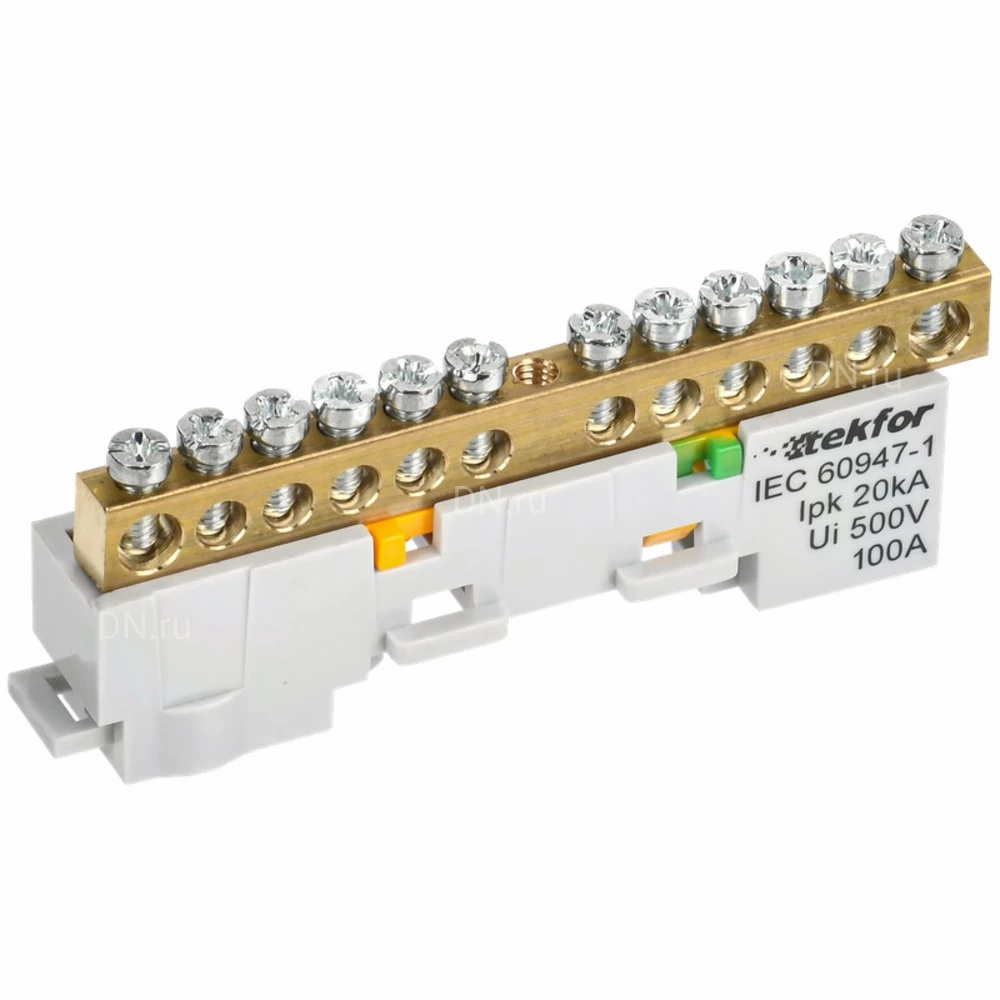 Шина IEK TEKFOR PE земля 6х9-12-Ж, исполнение - неизолированная на универсальном держателе, количество соединений - 12, материал - латунь, цвет - желтый, TF-NN10-12-DL-K05