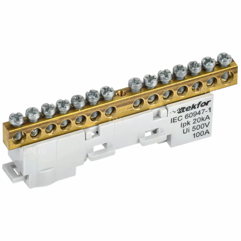 Шина IEK TEKFOR L фаза 6х9-14-Ср, исполнение - неизолированная на универсальном держателе, количество соединений - 14, материал - латунь, цвет - серый, TF-NN10-14-DL-K03