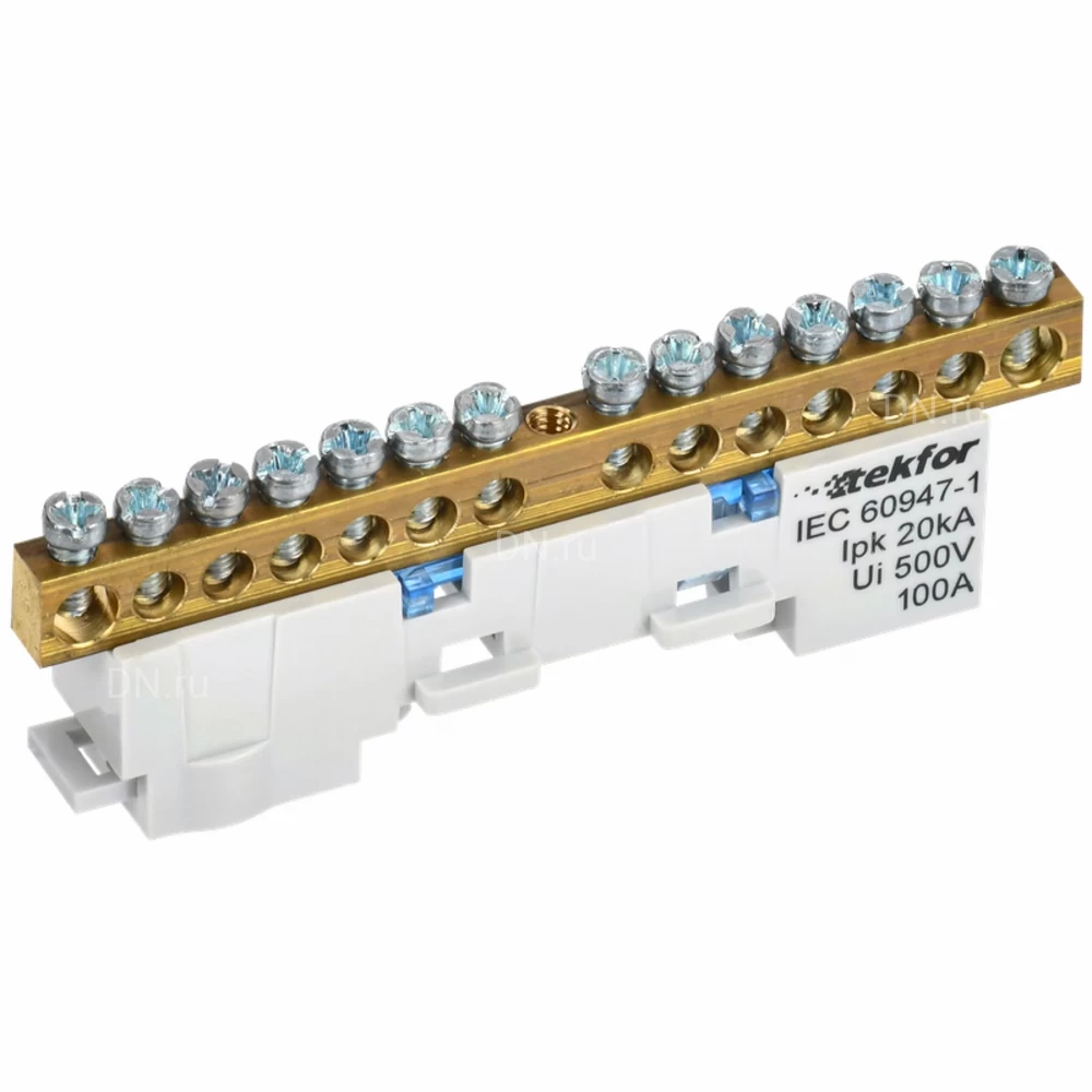 Шина IEK TEKFOR N ноль 6х9-14-С, исполнение - неизолированная на универсальном держателе, количество соединений - 14, материал - латунь, цвет - синий, TF-NN10-14-DL-K07