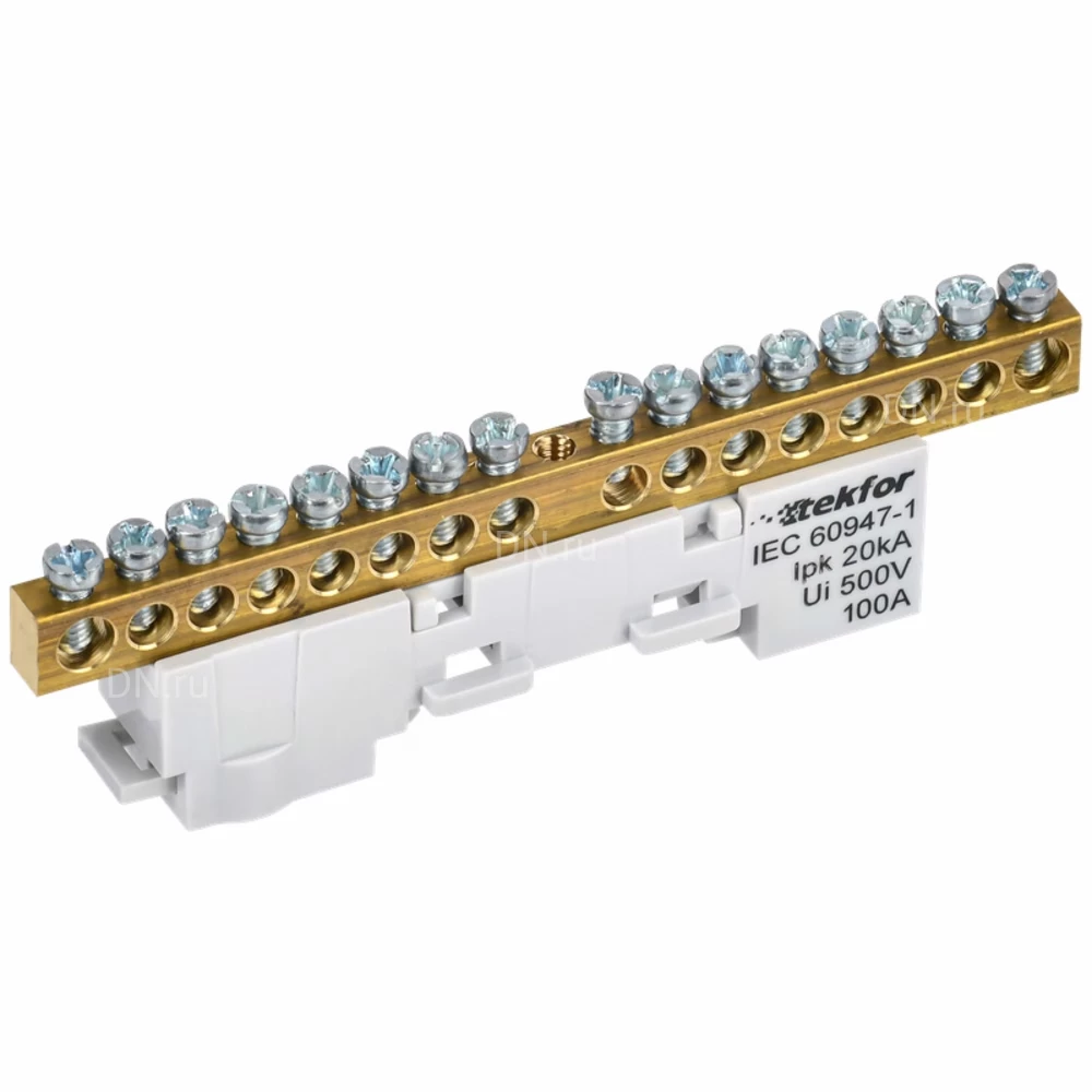 Шина IEK TEKFOR L фаза 6х9-16-Ср, исполнение - неизолированная на универсальном держателе, количество соединений - 16, материал - латунь, цвет - серый, TF-NN10-16-DL-K03