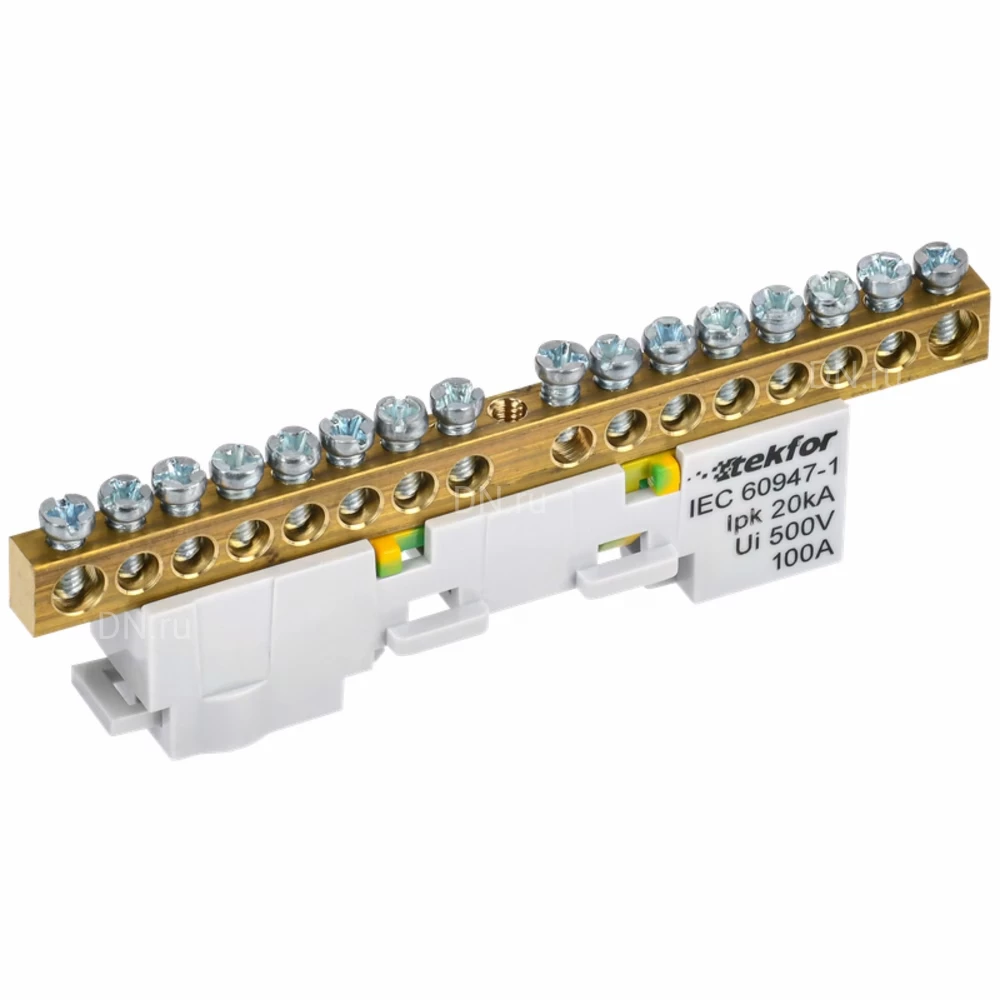 Шина IEK TEKFOR PE земля 6х9-16-Ж, исполнение - неизолированная на универсальном держателе, количество соединений - 16, материал - латунь, цвет - желтый, TF-NN10-16-DL-K05