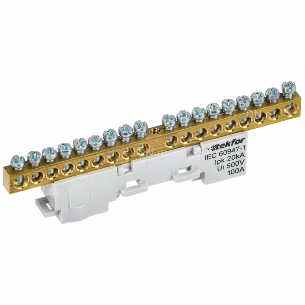 Шина IEK TEKFOR L фаза 6х9-18-Ср, исполнение - неизолированная на универсальном держателе, количество соединений - 18, материал - латунь, цвет - серый, TF-NN10-18-DL-K03